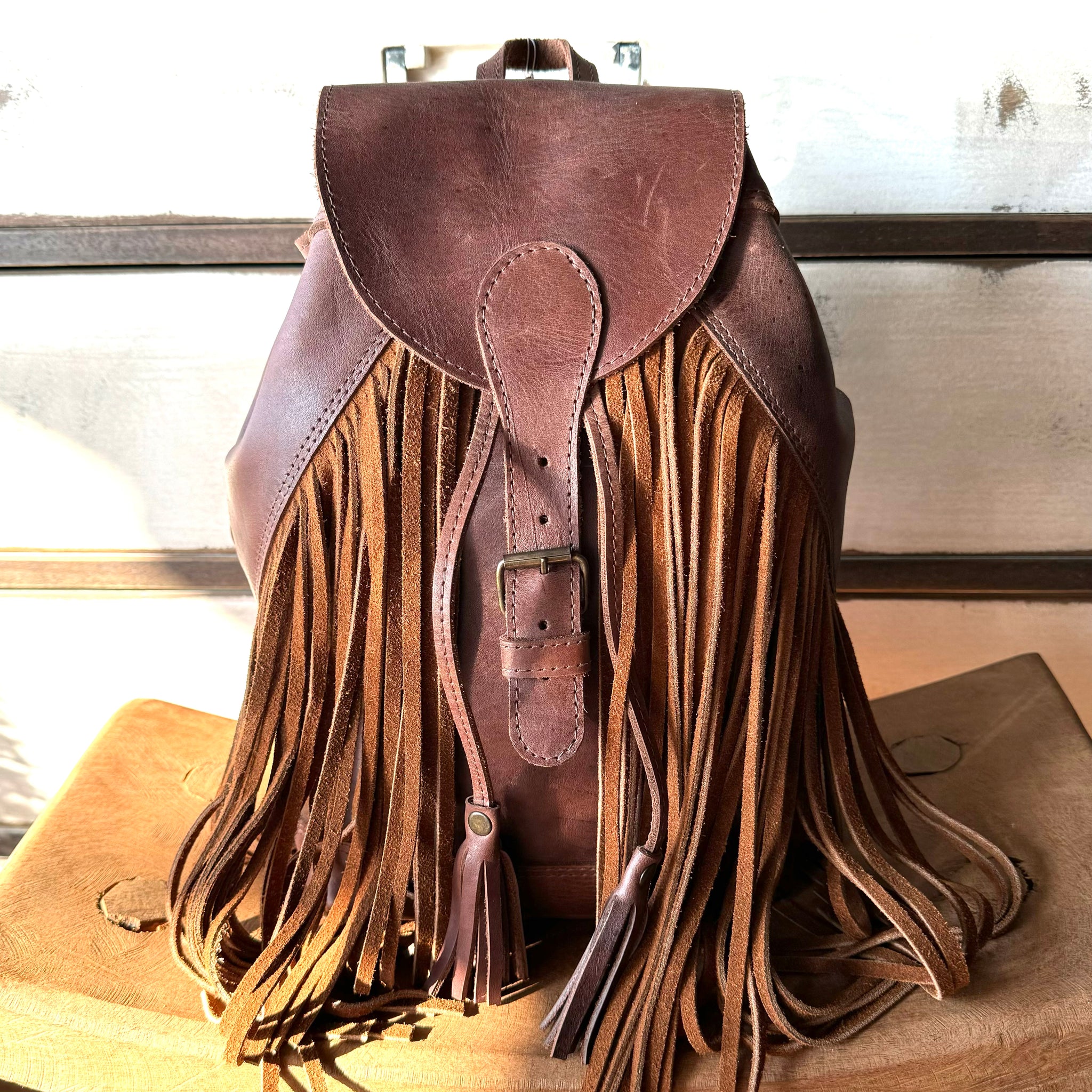 Fringe bucket backpack - dark brown