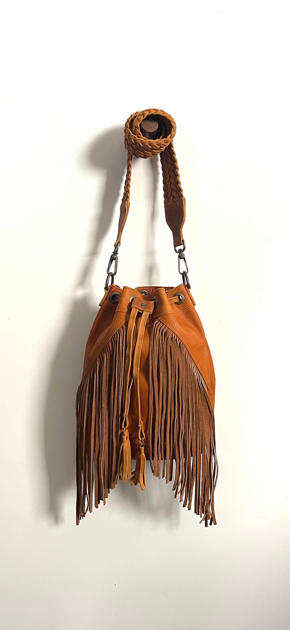 Small all leather bucket fringe bag