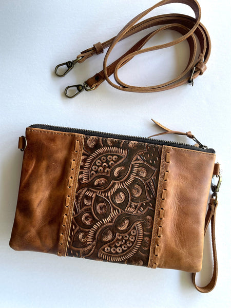 Tooled Panel all leather convertible clutch - extra dark tan