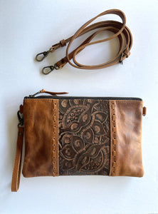 Tooled Panel all leather convertible clutch - extra dark tan